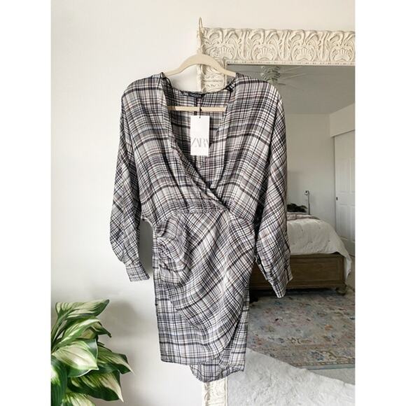 Zara Satin Effect Plaid Long Sleeve Mini Dress - Picture 2 of 9